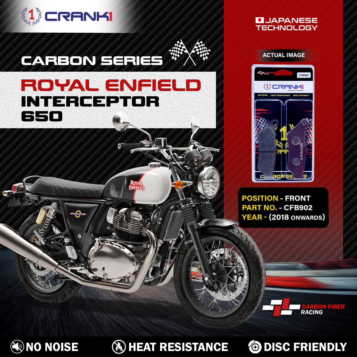 Carbon Brake Pads For Royal Enfield Interceptor 650 (2018 Onwards) - Front - CFB902 - 1 Set - CRANK1