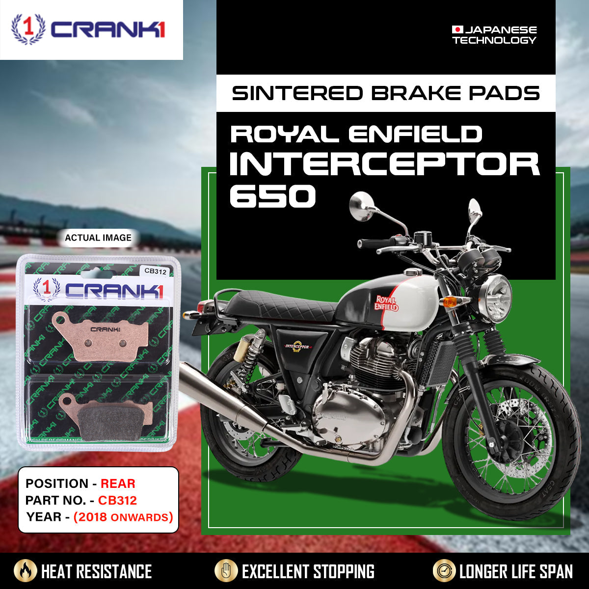 Sintered Brake Pads For Royal Enfield Interceptor 650 (2018 Onwards) - Rear - CB312 - 1 Set - CRANK1