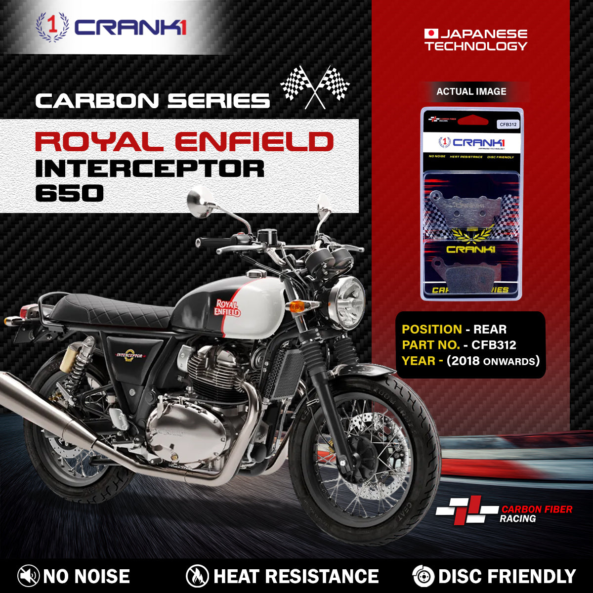 Carbon Brake Pads For Royal Enfield Interceptor 650 (2018 Onwards) - Rear - CFB312 - 1 Set - CRANK1