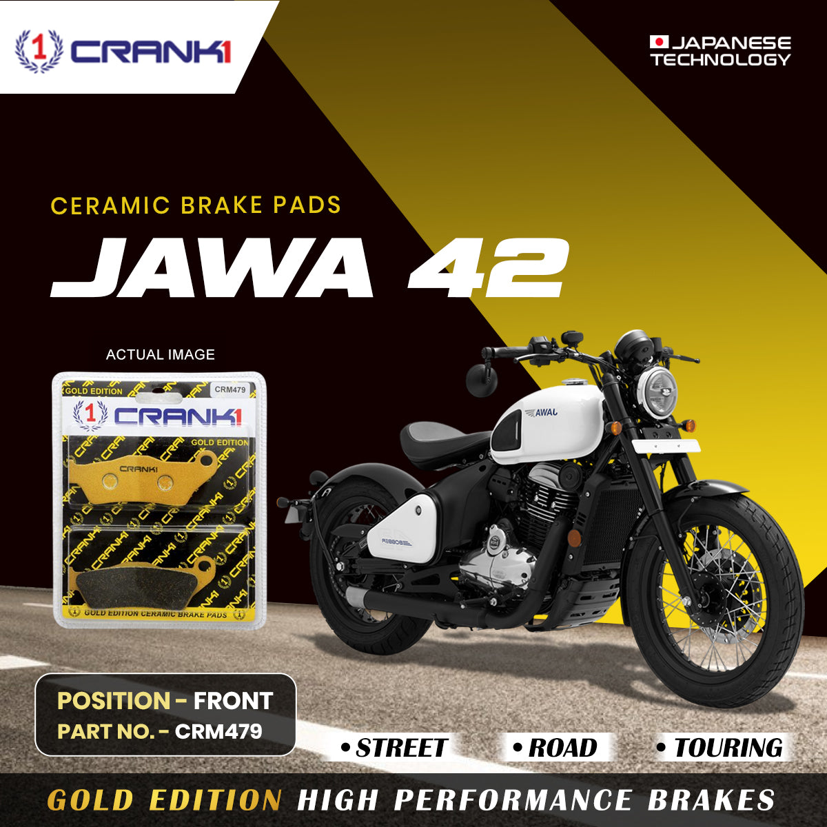 Ceramic Brake Pads For Jawa 42 - Front - CRM479 - 1 Set - CRANK1
