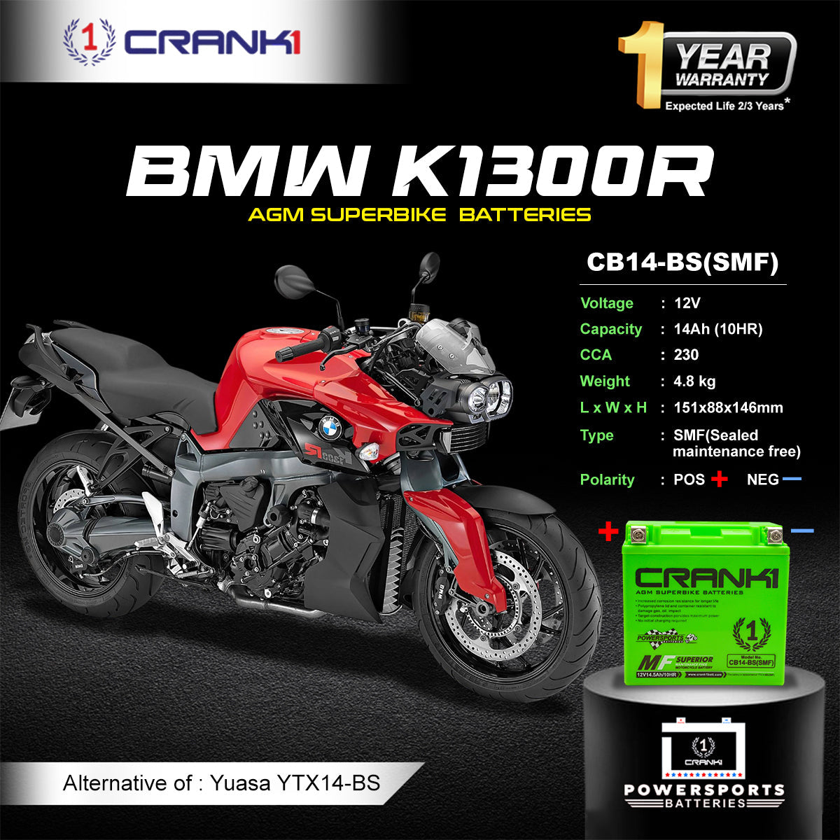Battery For BMW K1300R (2009-2016) - CB14-BS - Factory Activated - CRANK1
