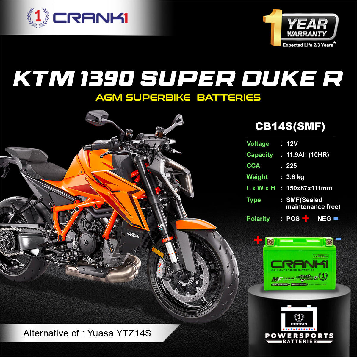 Battery For KTM 1390 Super Duke R (2024 onwards) - CB14S - Factory Activated - CRANK1