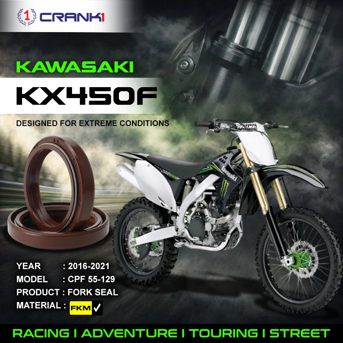 Fork Oil Seals Pair For Kawasaki KX450F (2016-2021) - CPF55-129 - CRANK1
