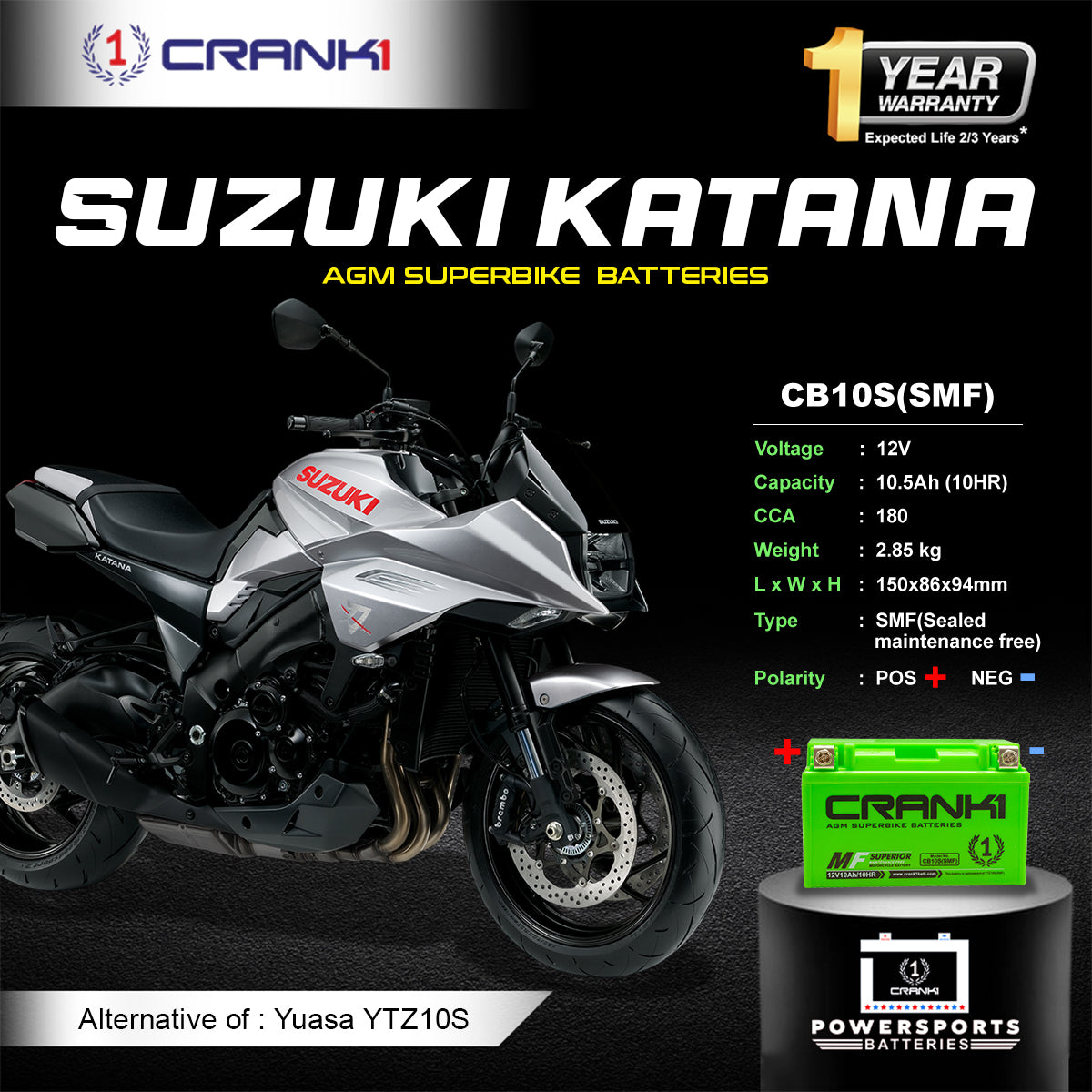 Battery For Suzuki Katana - CB10S - Factory Activated - CRANK1