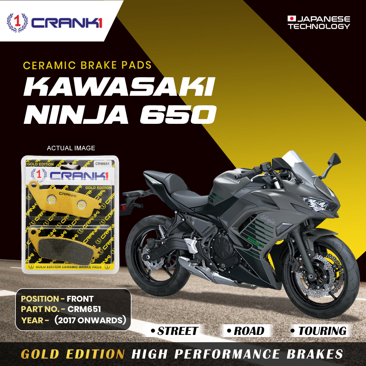 Ceramic Brake Pads For Kawasaki Ninja 650 (2017 Onwards) - Front - CRM651 - 2 Sets - CRANK1