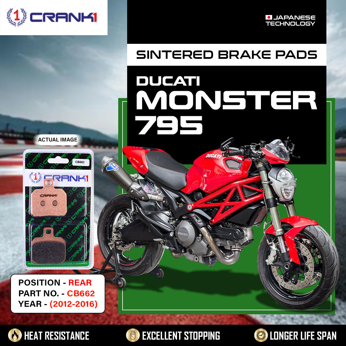 Sintered Brake Pads For Ducati Monster 795 (2012-2016) - Rear - CB662 - 1 Set - CRANK1