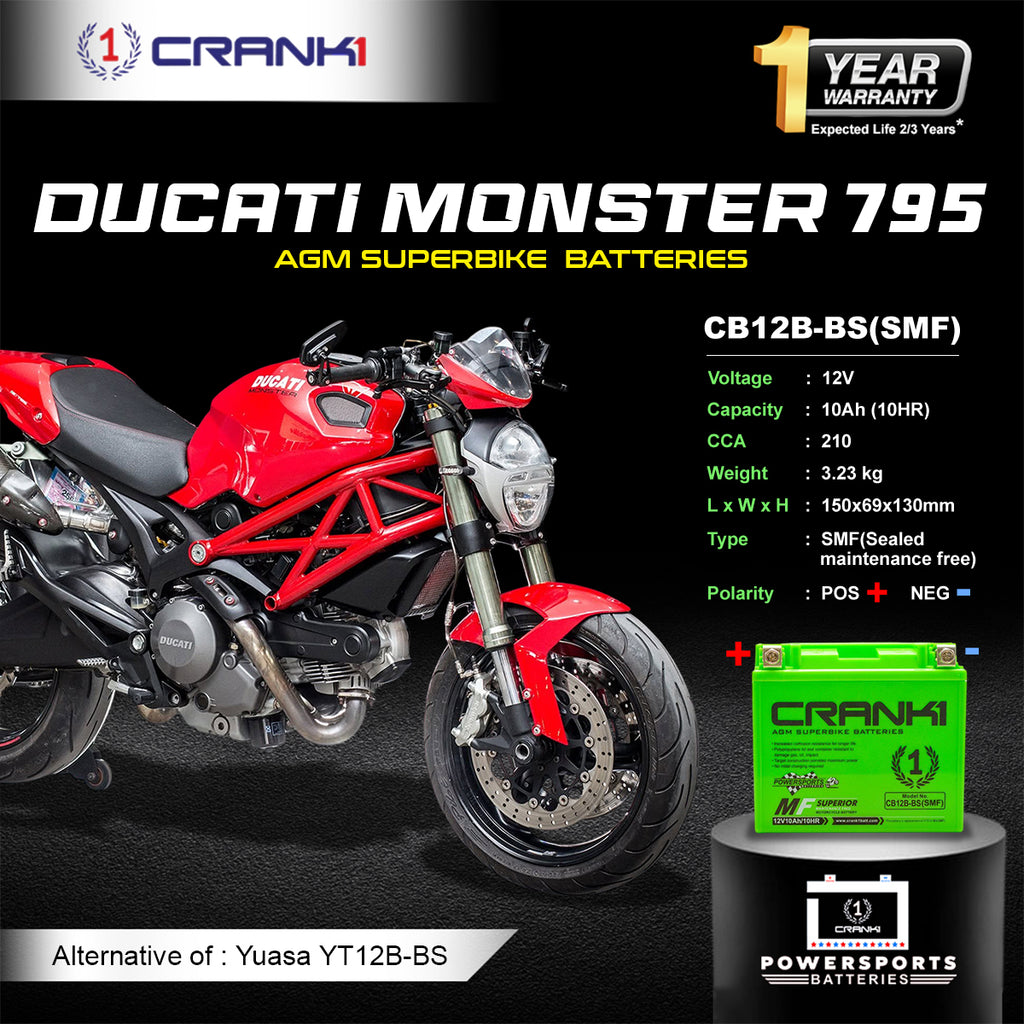 Battery For Ducati Monster 795 (2012-2025) - CB12B-BS - Factory Activated - CRANK1