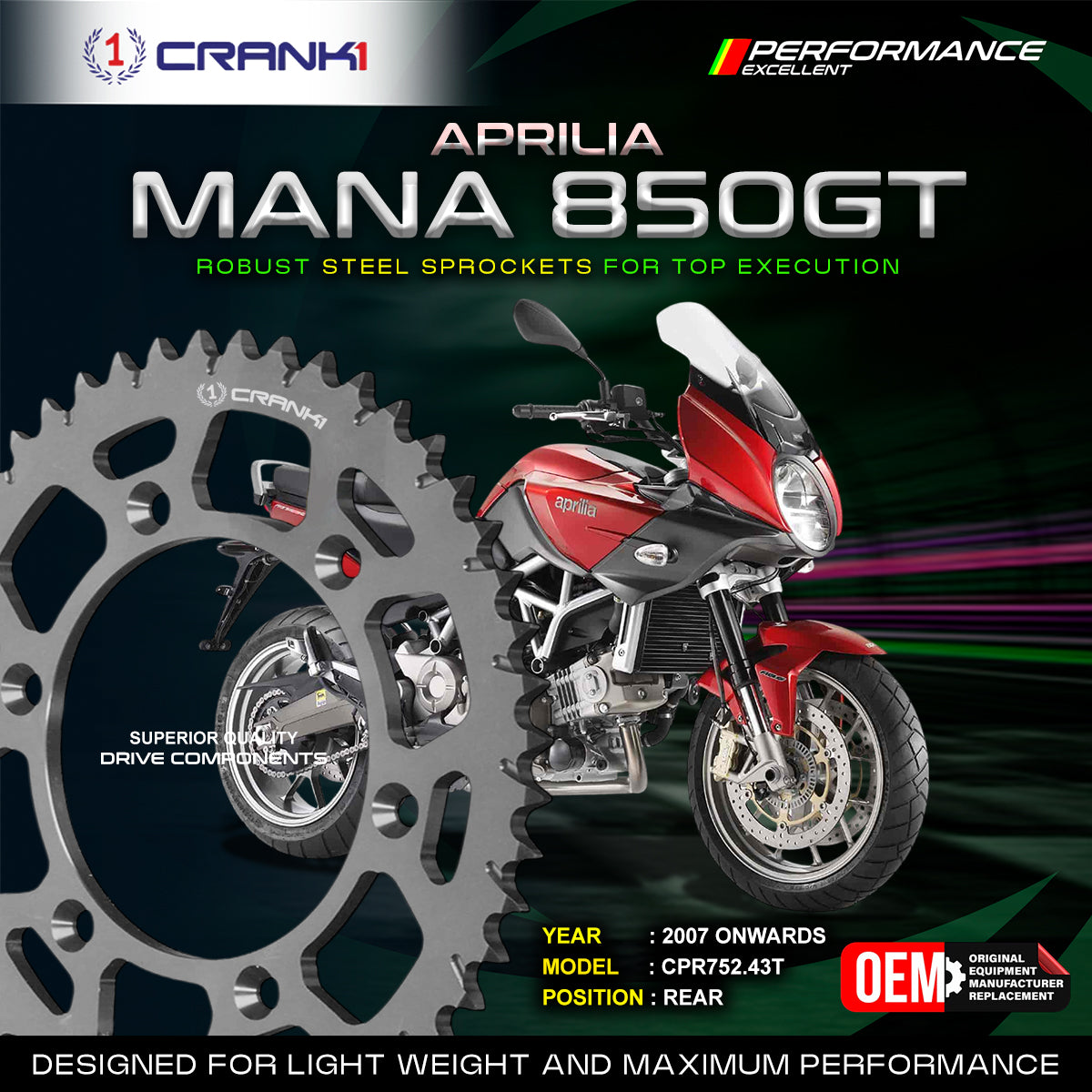 Sprocket For  Aprilia Mana 850 GT (2007 Onwards) - Rear - CPR752.43T - CRANK1