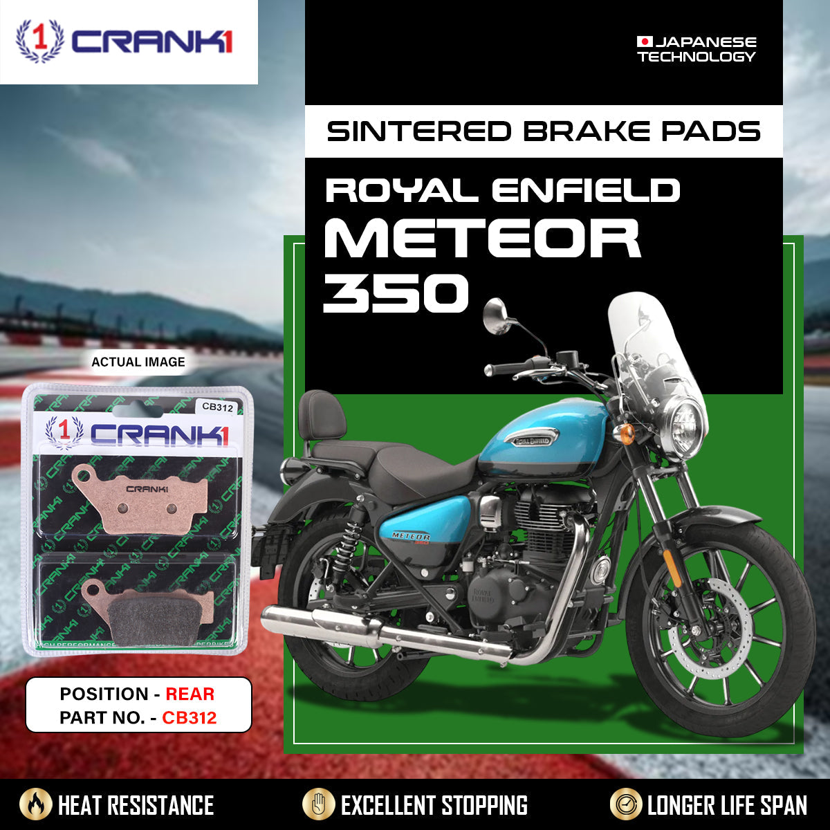 Sintered Brake Pads For Royal Enfield Meteor 350 - Rear - CB312 - 1 Set - CRANK1