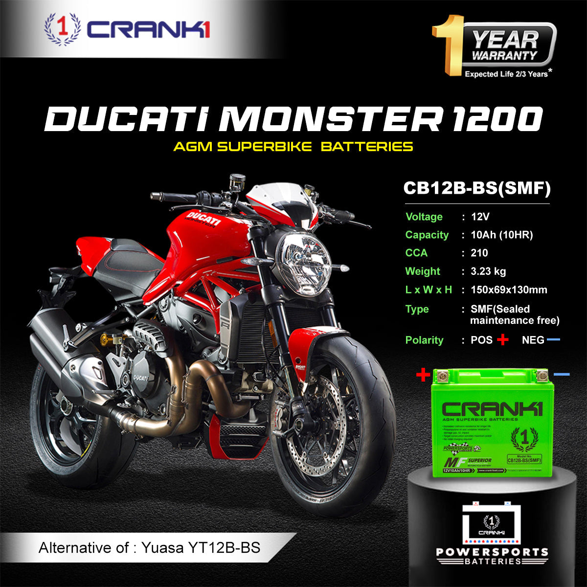 Battery For Ducati Monster 1200 (2014-2025) - CB12B-BS - Factory Activated - CRANK1