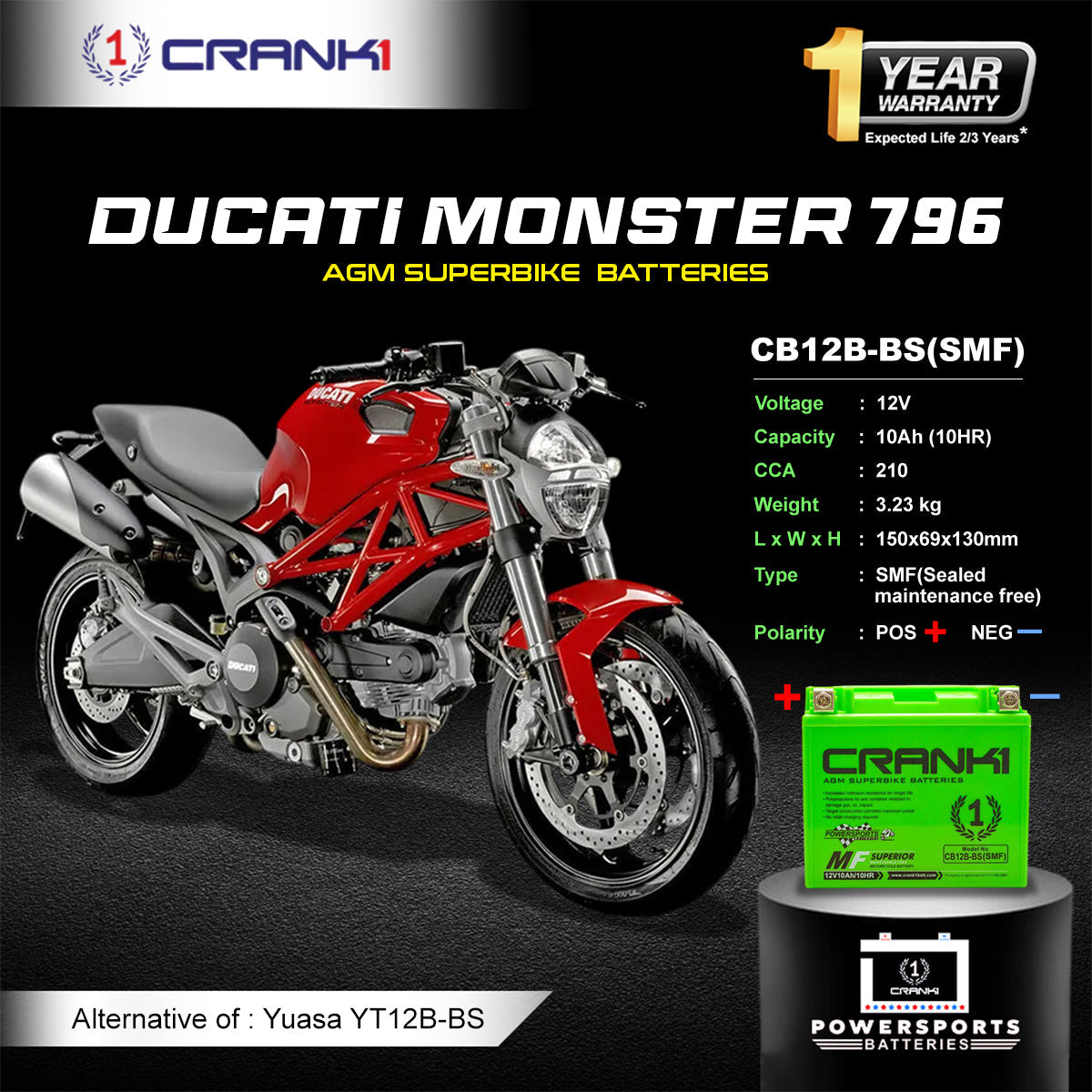 Battery For Ducati Monster 796 (2010-2025) - CB12B-BS - Factory Activated - CRANK1
