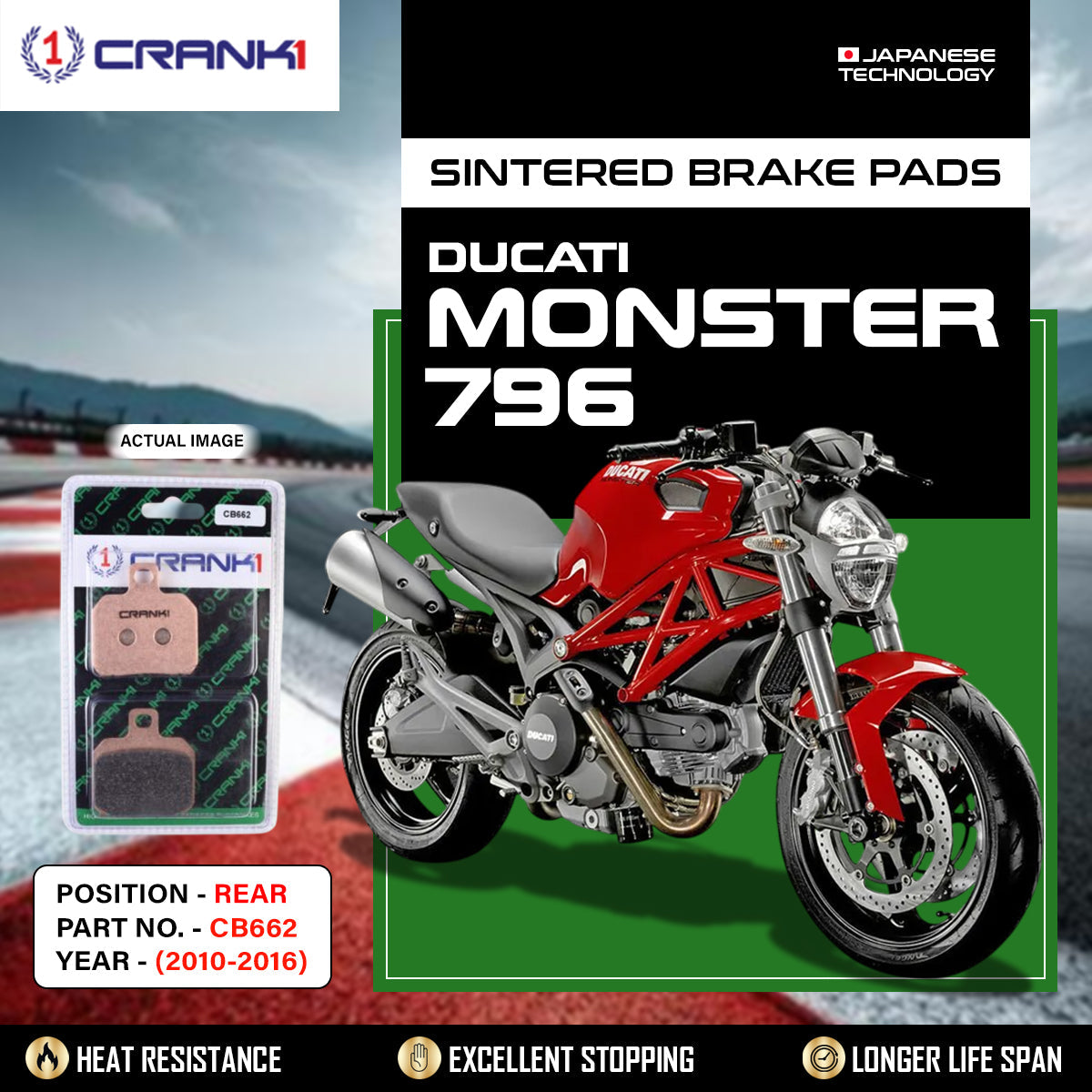 Sintered Brake Pads For Ducati Monster 796	(2010-2016) - Rear - CB662 - 1 Set - CRANK1