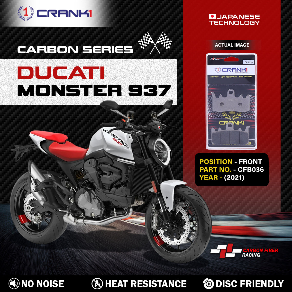 Carbon Brake Pads For Ducati Monster 937 (2021) - Front - CFB036 - 2 Sets - CRANK1