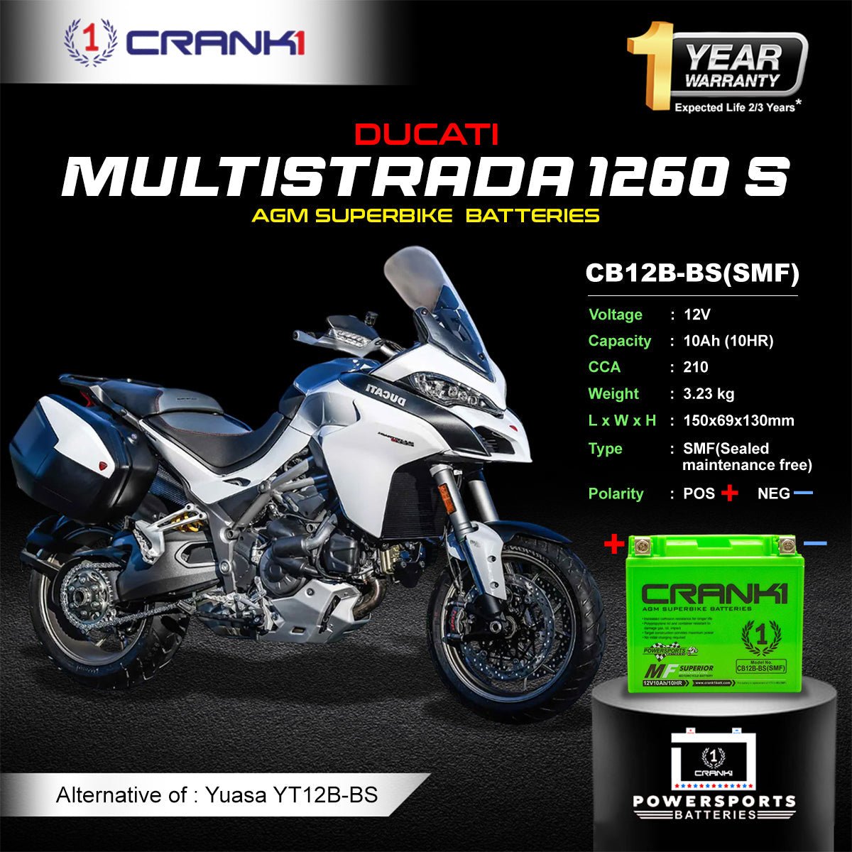 Battery For Ducati Multistrada 1260 S (2010-2025) - CB12B-BS - Factory Activated - CRANK1
