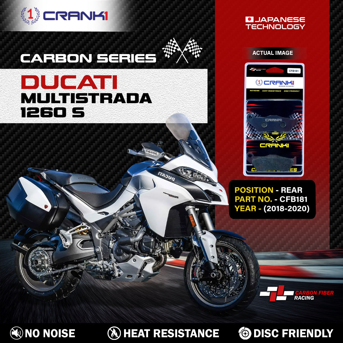 Carbon Brake Pads For Ducati Multistrada 1260 S (2018-2020) - Rear - CFB181 - 1 Set - CRANK1