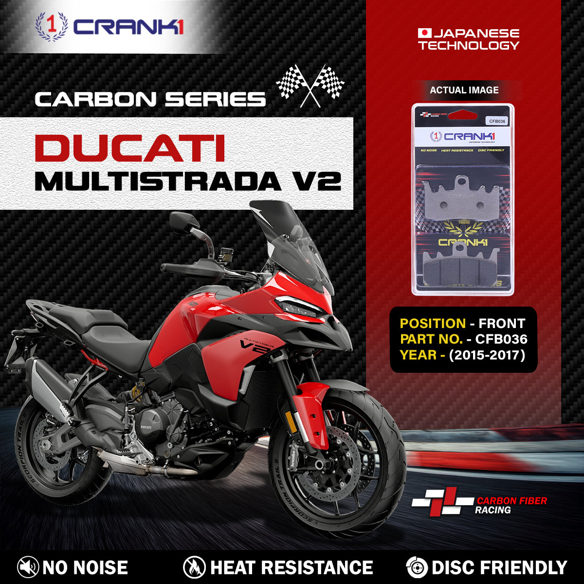 Carbon Brake Pads For Ducati Multistrada V2 (2015-2017) - Front - CFB036 - 2 Sets - CRANK1