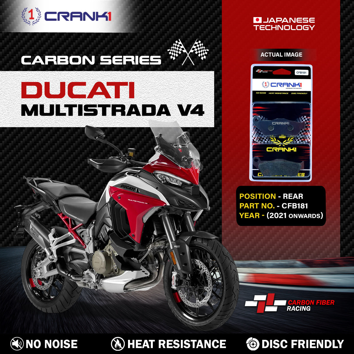 Carbon Brake Pads For Ducati Multistrada 1200 V4 (2021 Onwards) - Rear - CFB181 - 1 Set - CRANK1