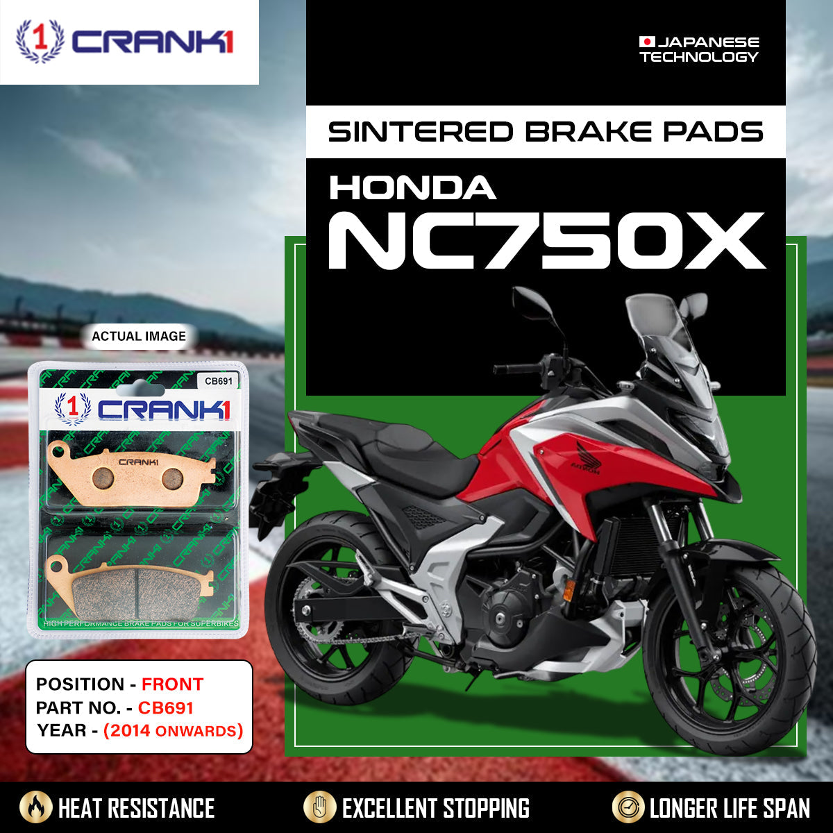Sintered Brake Pads For Honda NC750X (2014 Onwards) - Front - CB691 - 1 Set - CRANK1