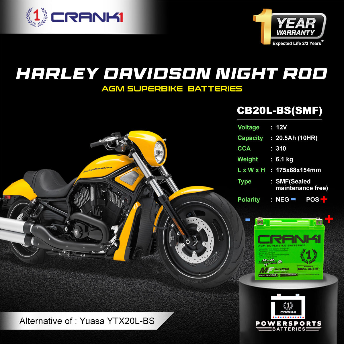 Battery For Harley Davidson Night Rod (2012-2015) - CB20L-BS - Factory Activated - CRANK1