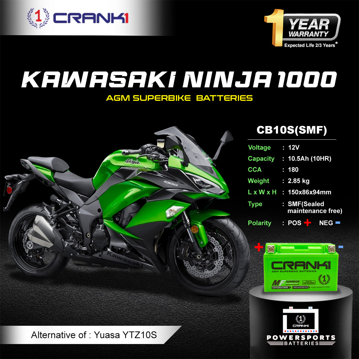Battery For Kawasaki Ninja 1000 (2010-2025) - CB10S - Factory Activated - CRANK1