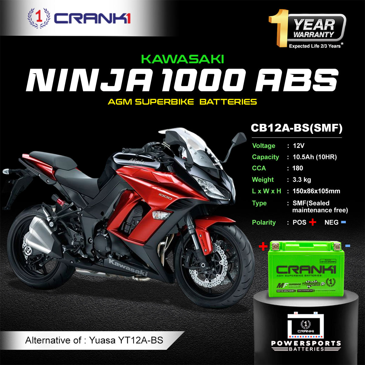 Battery For Kawasaki Ninja 1000 ABS (2014-2025) - CB12A-BS - Factory Activated - CRANK1
