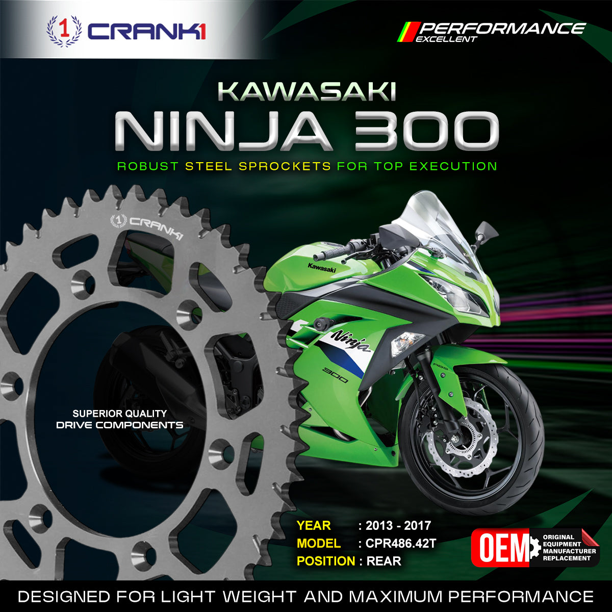 Sprocket For Kawasaki Ninja 300 (2014-2025) - Rear - CPR486.42T - CRANK1