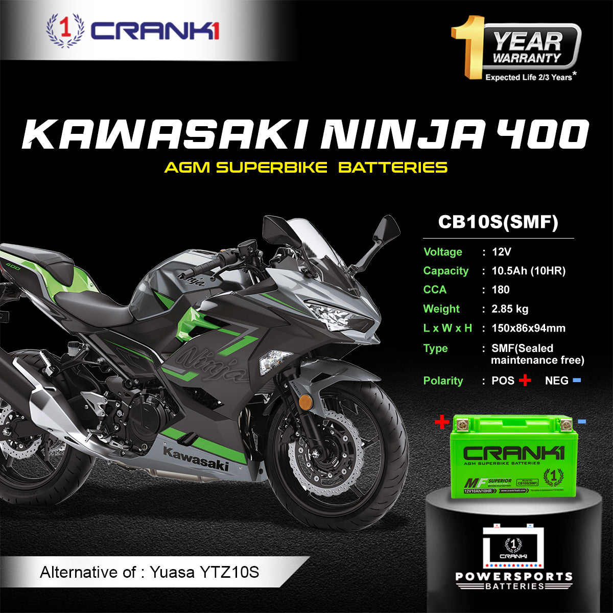 Battery For Kawasaki Ninja 400 (2018 onwards) - CB10S - Factory Activated - CRANK1