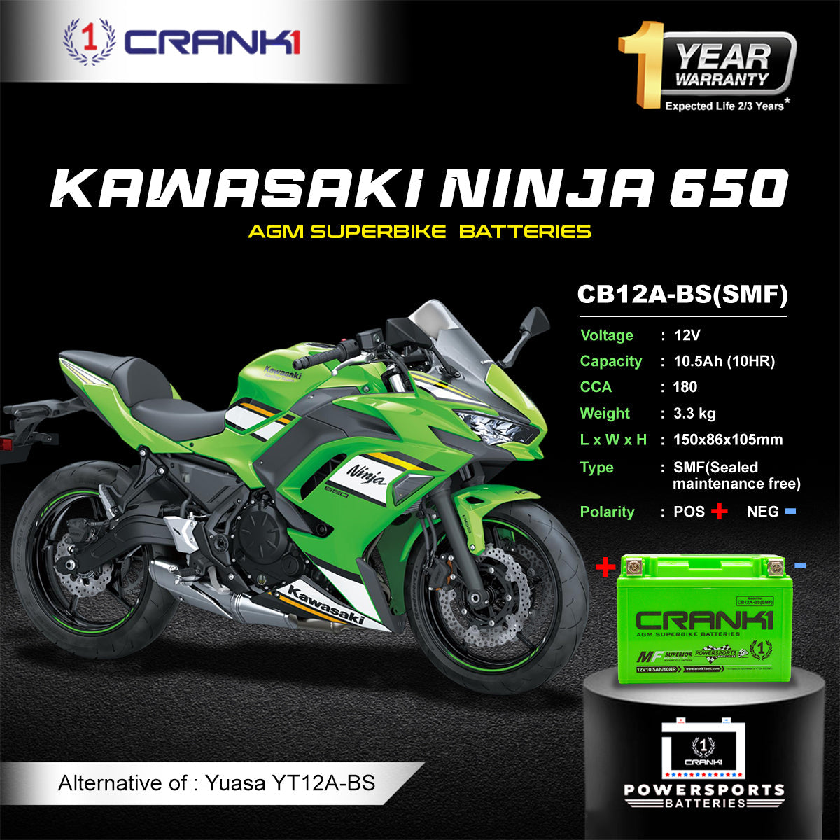 Battery For Kawasaki Ninja 650 (2012-2025) - CB12A-BS - Factory Activated - CRANK1