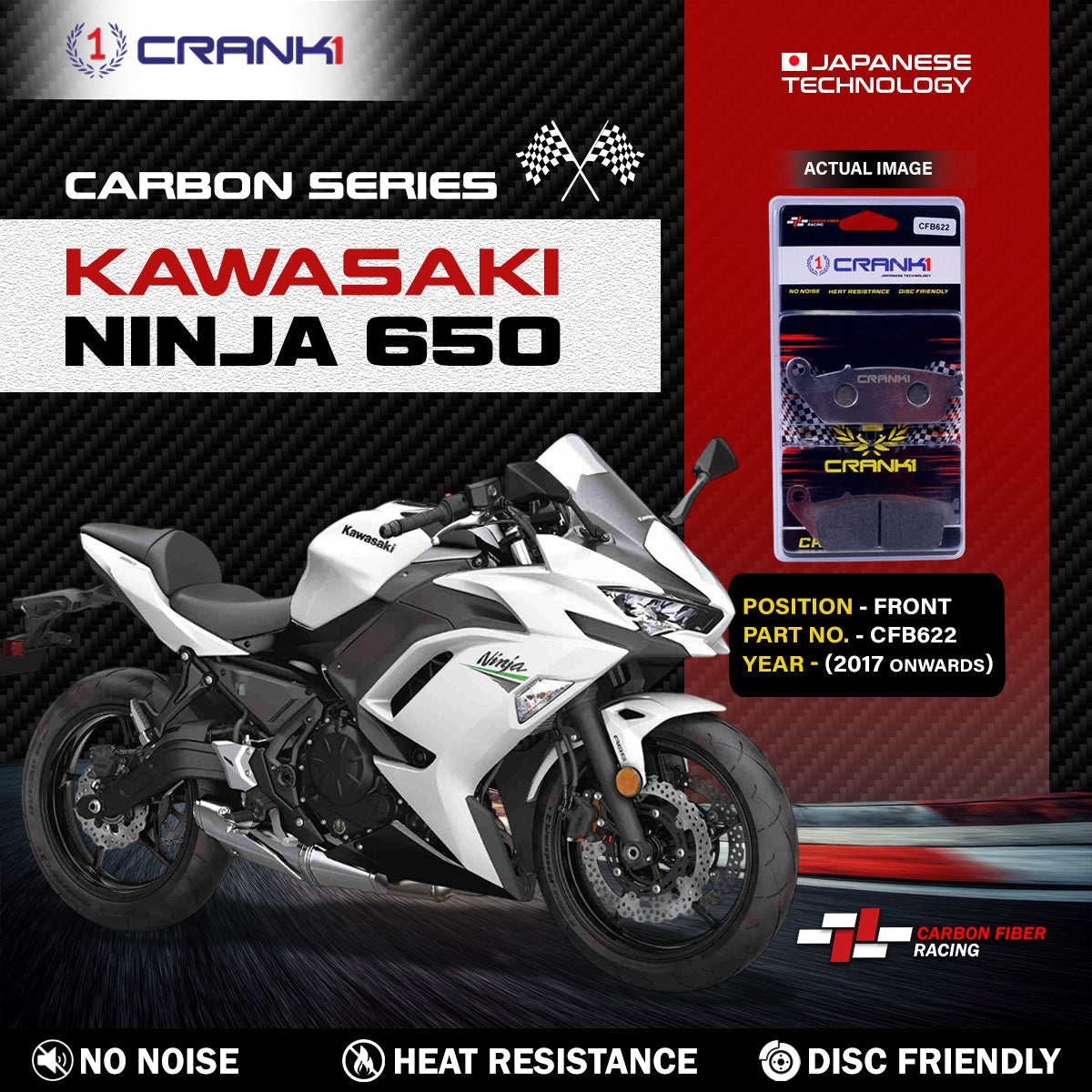 Carbon Brake Pads For Kawasaki Ninja 650 (2017 Onwards) - Front - CFB622 - 2 Sets - CRANK1