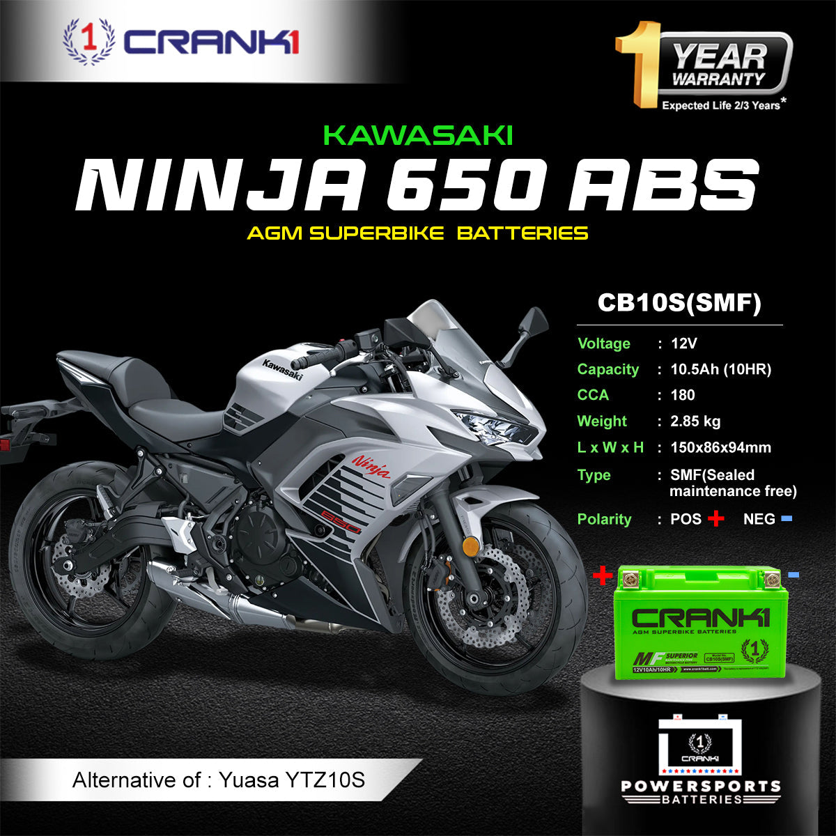 Battery For Kawasaki Ninja 650 ABS (2017-2025) - CB10S - Factory Activated - CRANK1