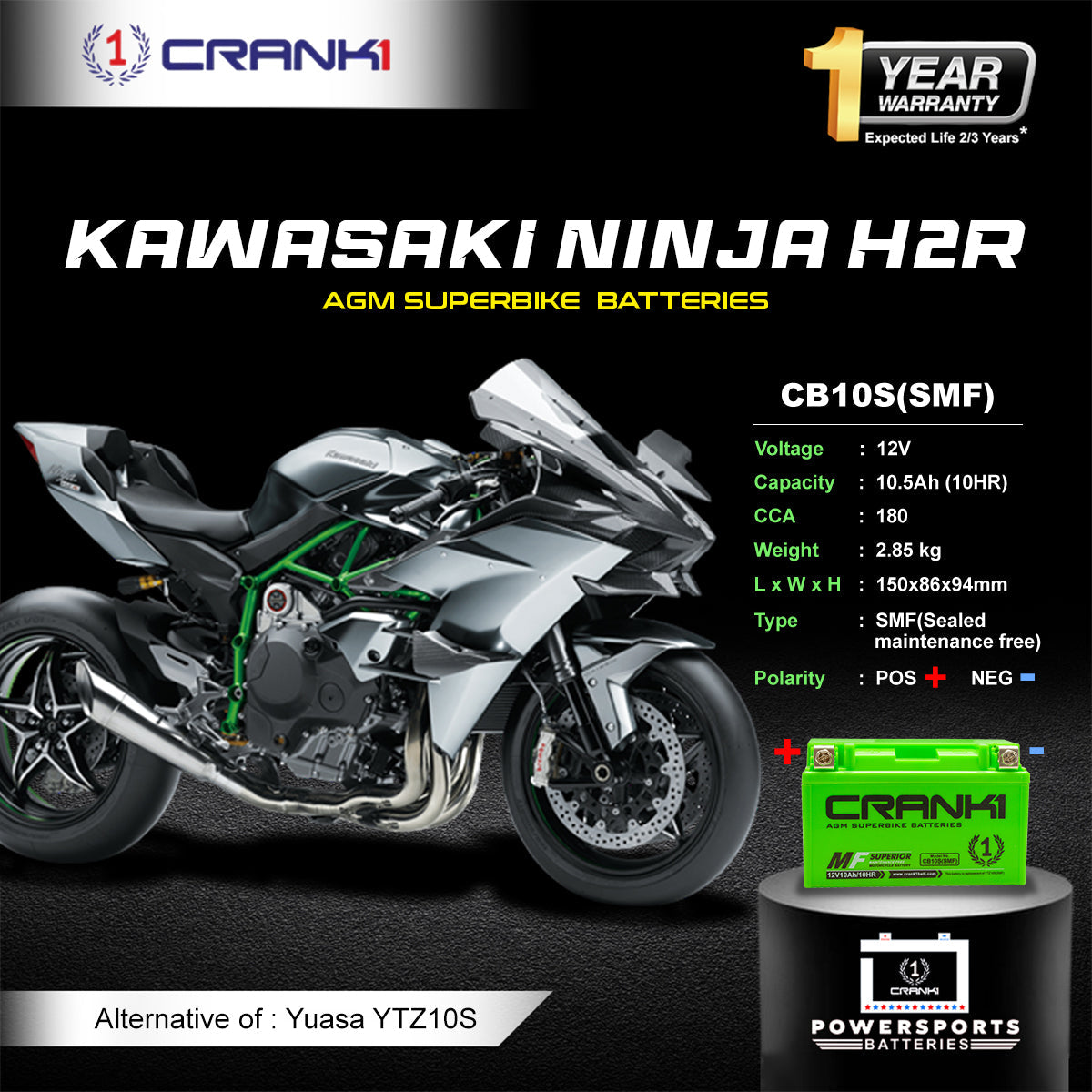 Battery For Kawasaki Ninja H2R (2010-2025) - CB10S - Factory Activated - CRANK1