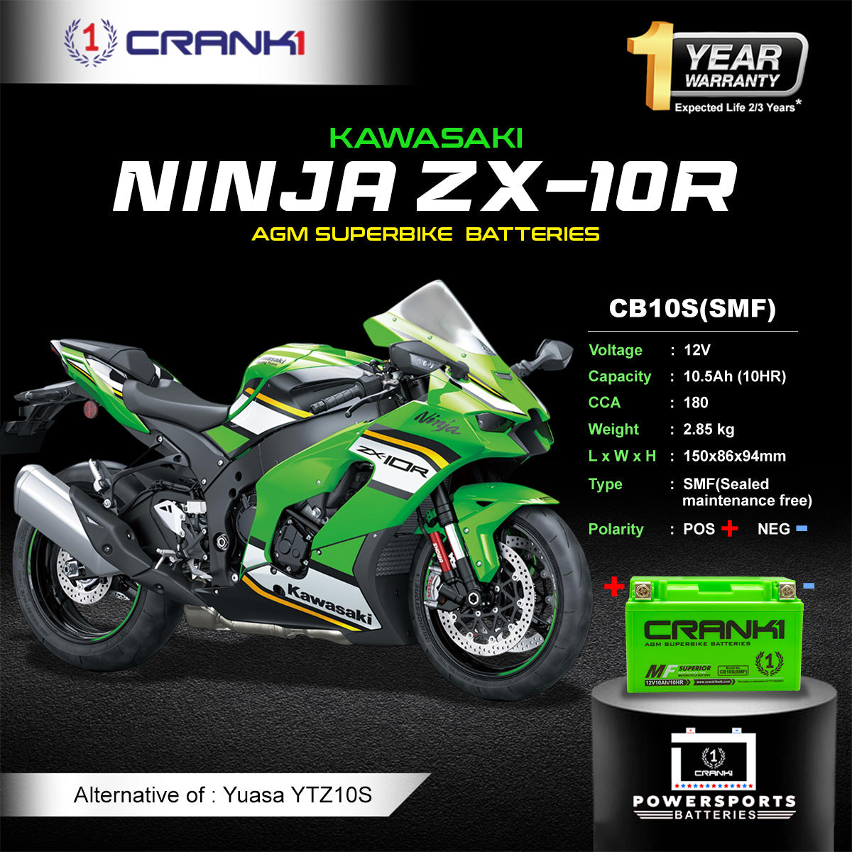Battery For Kawasaki Ninja ZX-10R (2004-2025) - CB10S - Factory Activated - CRANK1
