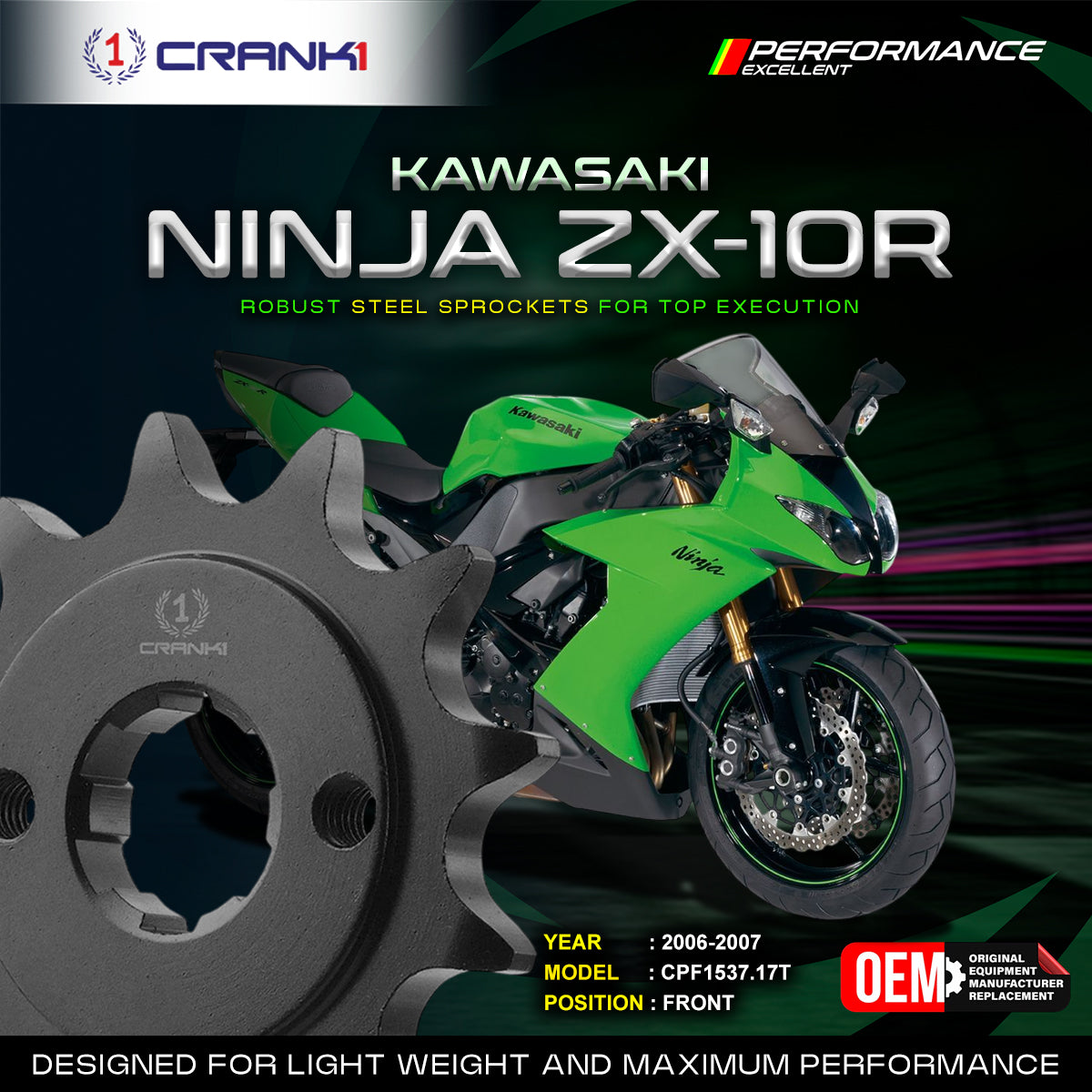 Sprocket For Kawasaki Ninja ZX-10R (2006-2007) - Front - CPF1537.17T - CRANK1