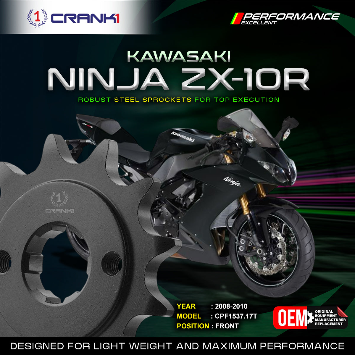 Sprocket For Kawasaki Ninja ZX-10R (2008-2010) - Front - CPF1537.17T - CRANK1
