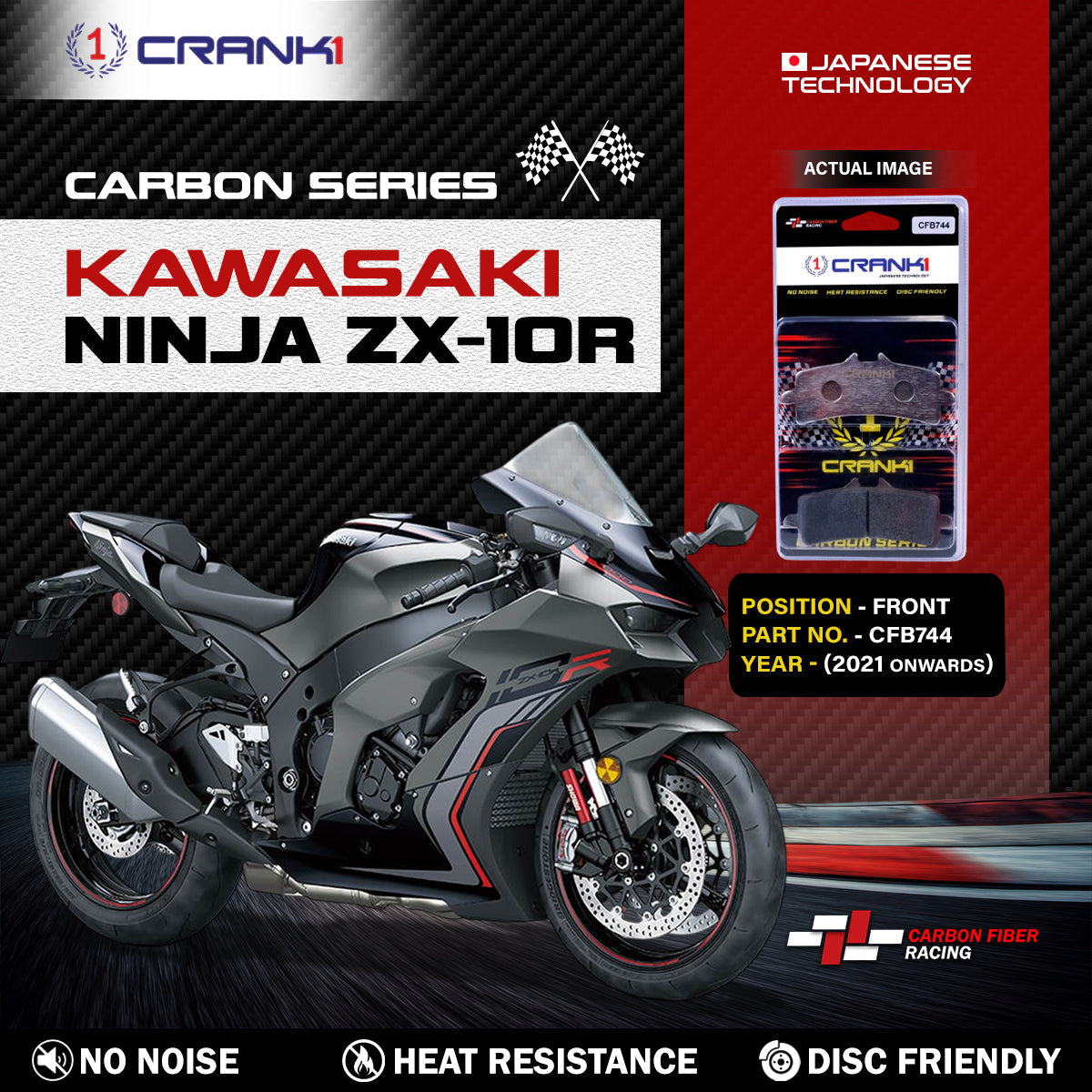 Carbon Brake Pads For Kawasaki Ninja ZX-10R (2021 Onwards) - Front - CFB744 - 2 Sets - CRANK1