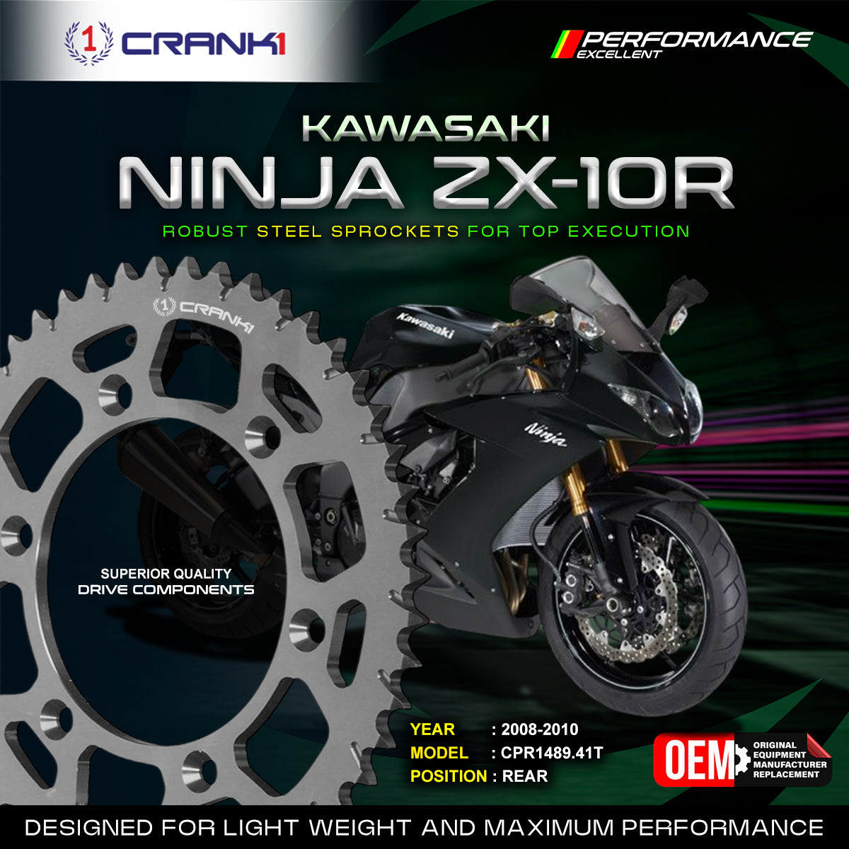 Sprocket For Kawasaki Ninja ZX-10R (2008-2010) - Rear - CPR1489.41T - CRANK1
