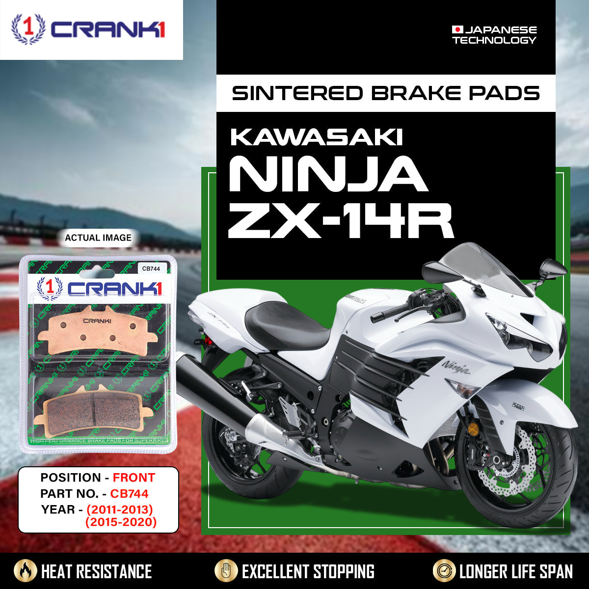 Sintered Brake Pads For Kawasaki Ninja ZX-14R (2011-2013) (2015-2020) - Front - CB744 - 2 Sets - CRANK1