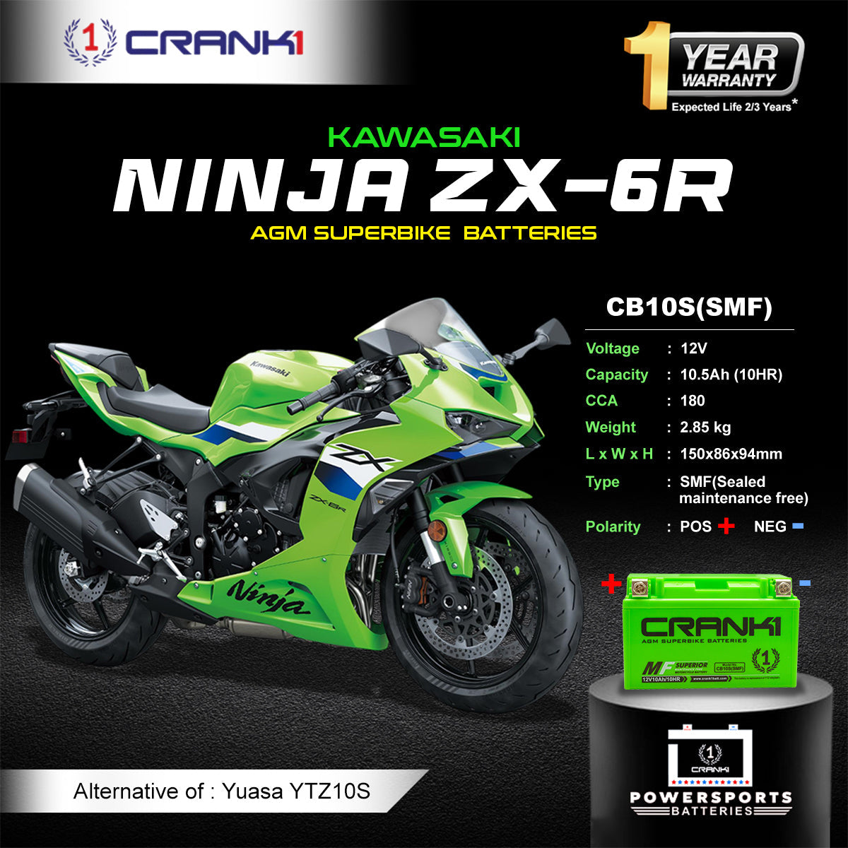 Battery For Kawasaki Ninja ZX-6R (2019-2025) - CB10S - Factory Activated - CRANK1