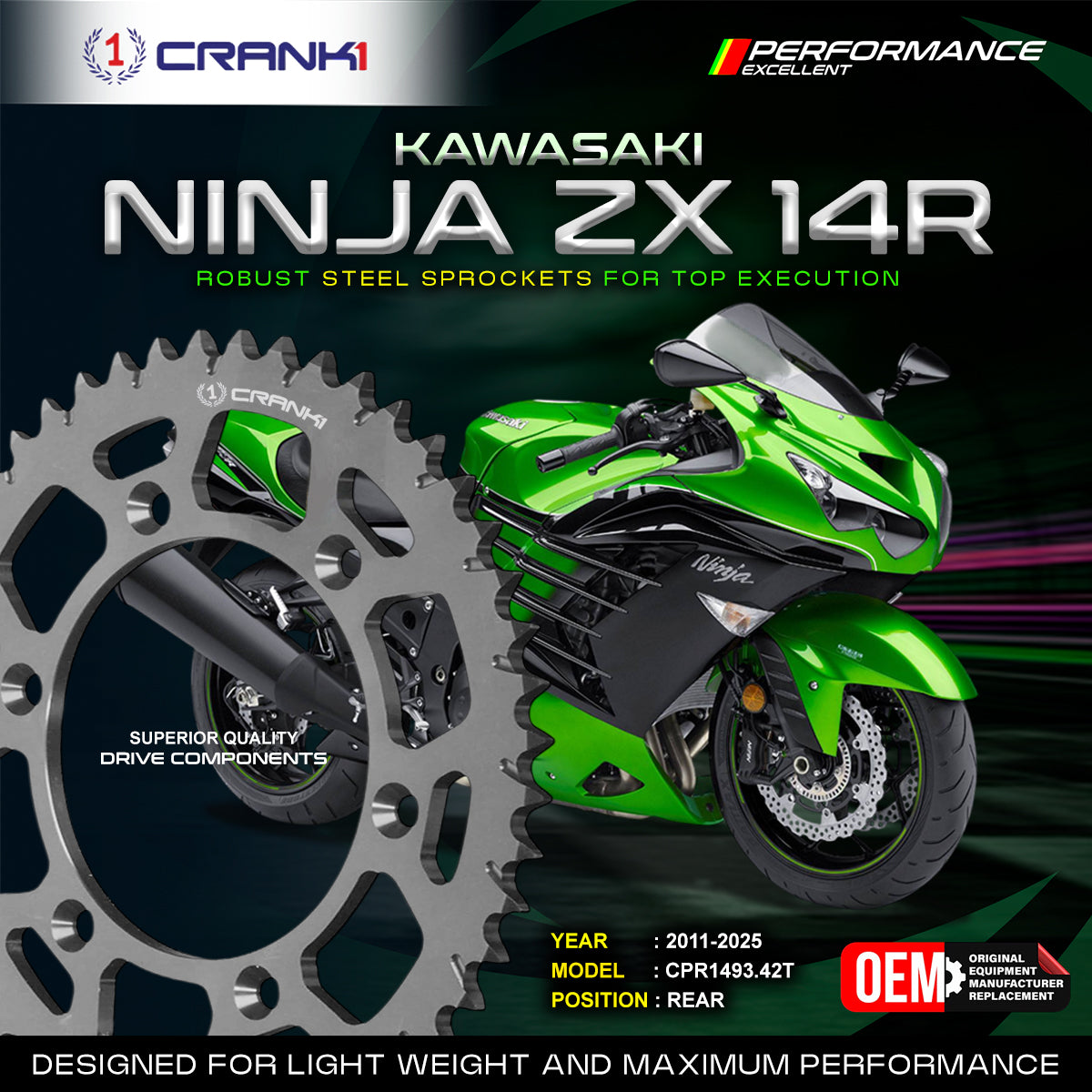 Sprocket For  Kawasaki Ninja ZX-14R (2011-2025) - Rear - CPR1493.42T - CRANK1