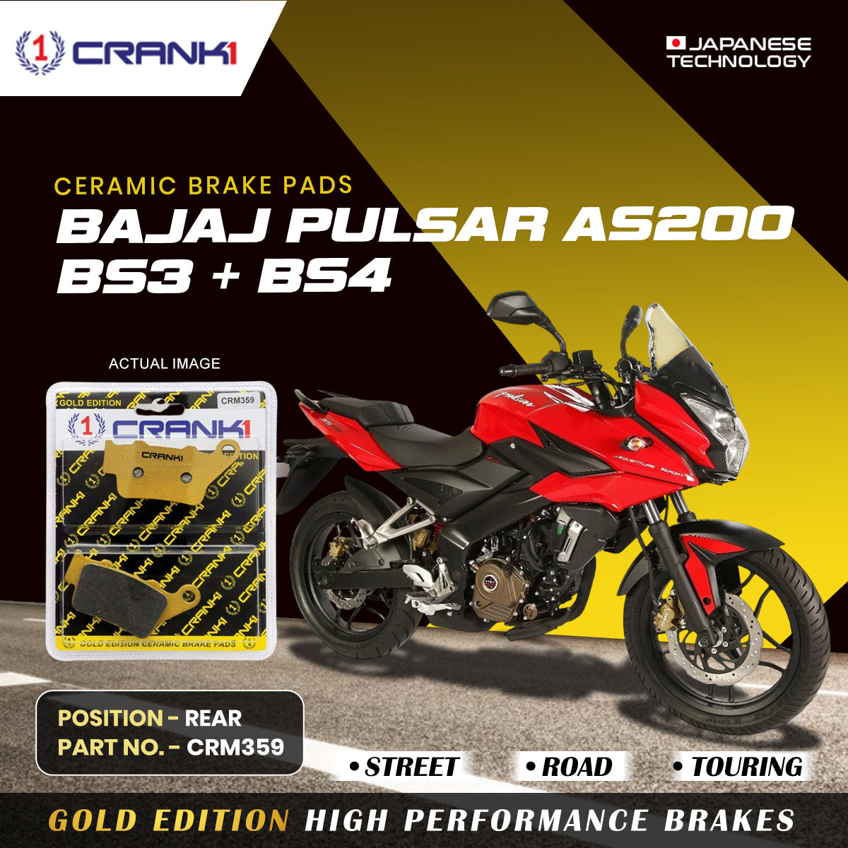 Ceramic Brake Pads For Bajaj Pulsar AS200 BS3 + BS4 - Rear - CRM359 - 1 Set - CRANK1