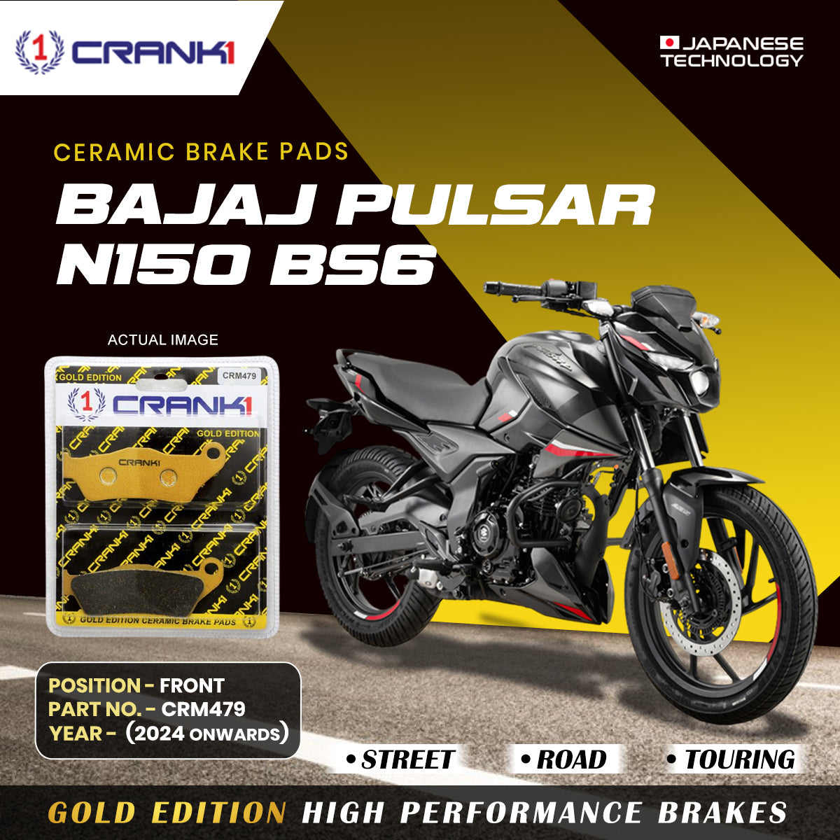 Ceramic Brake Pads For Bajaj Pulsar N150 BS6 (2024 onwards) - Front - CRM479 - 1 Set - CRANK1