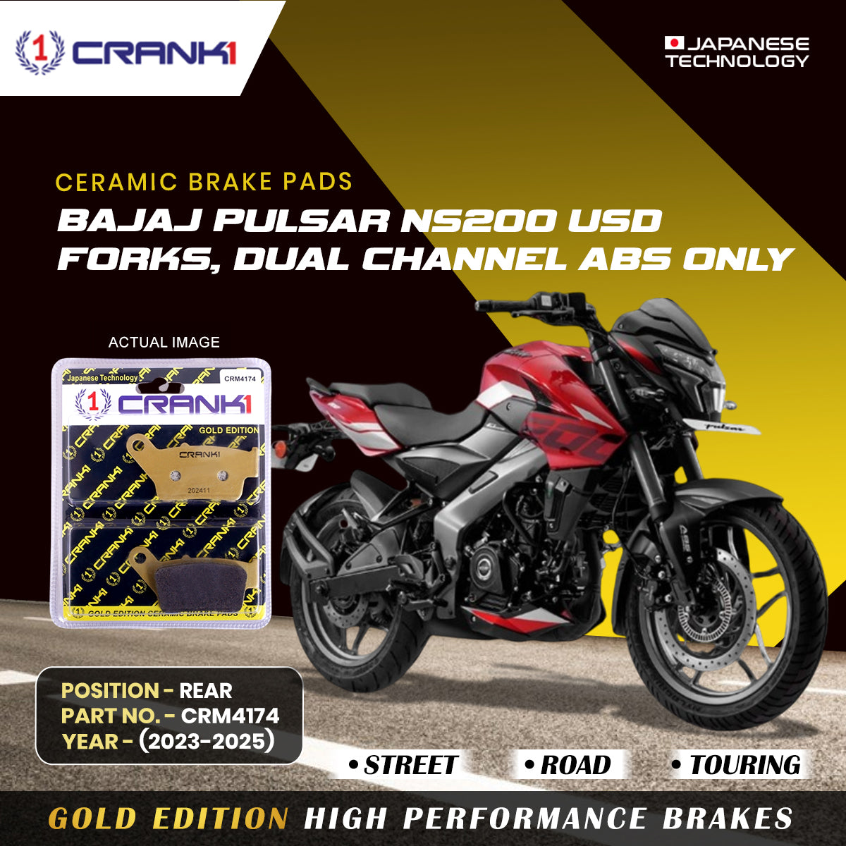 Ceramic Brake Pads For Bajaj Pulsar NS-200 USD Forks, Dual Channel ABS Only (2023-2025) - Rear - CRM4174 - 1 Set - CRANK1