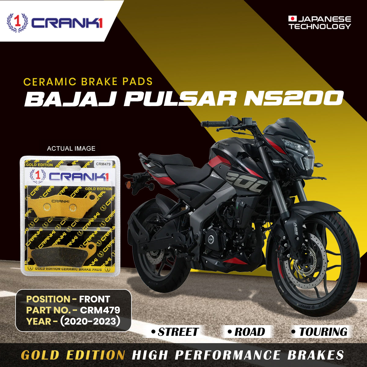 Ceramic Brake Pads For Bajaj  Pulsar NS200 (2020-2023) - Front - CRM479 - 1 Set - CRANK1