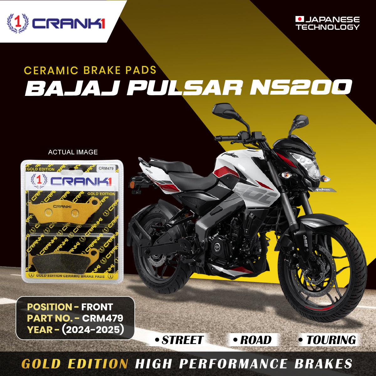 Ceramic Brake Pads For Bajaj  Pulsar NS200 (2024-2025) - Front - CRM479 - 1 Set - CRANK1