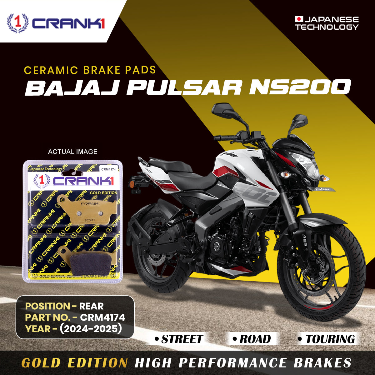 Ceramic Brake Pads For Bajaj Pulsar NS200 (2024-2025) - Rear - CRM4174 - 1 Set - CRANK1