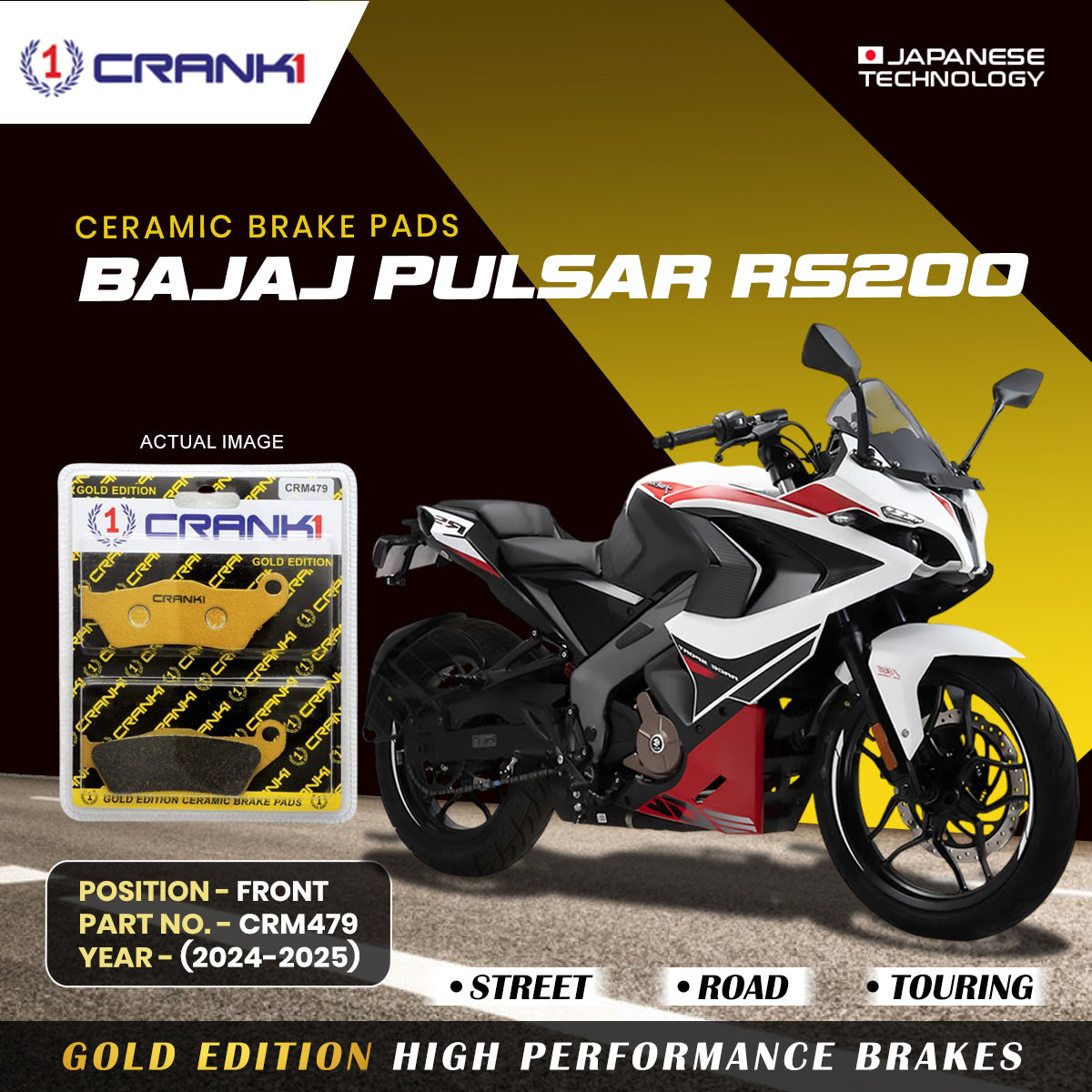 Ceramic Brake Pads For Bajaj Pulsar RS200 (2024-2025) - Front - CRM479 - 1 Set - CRANK1