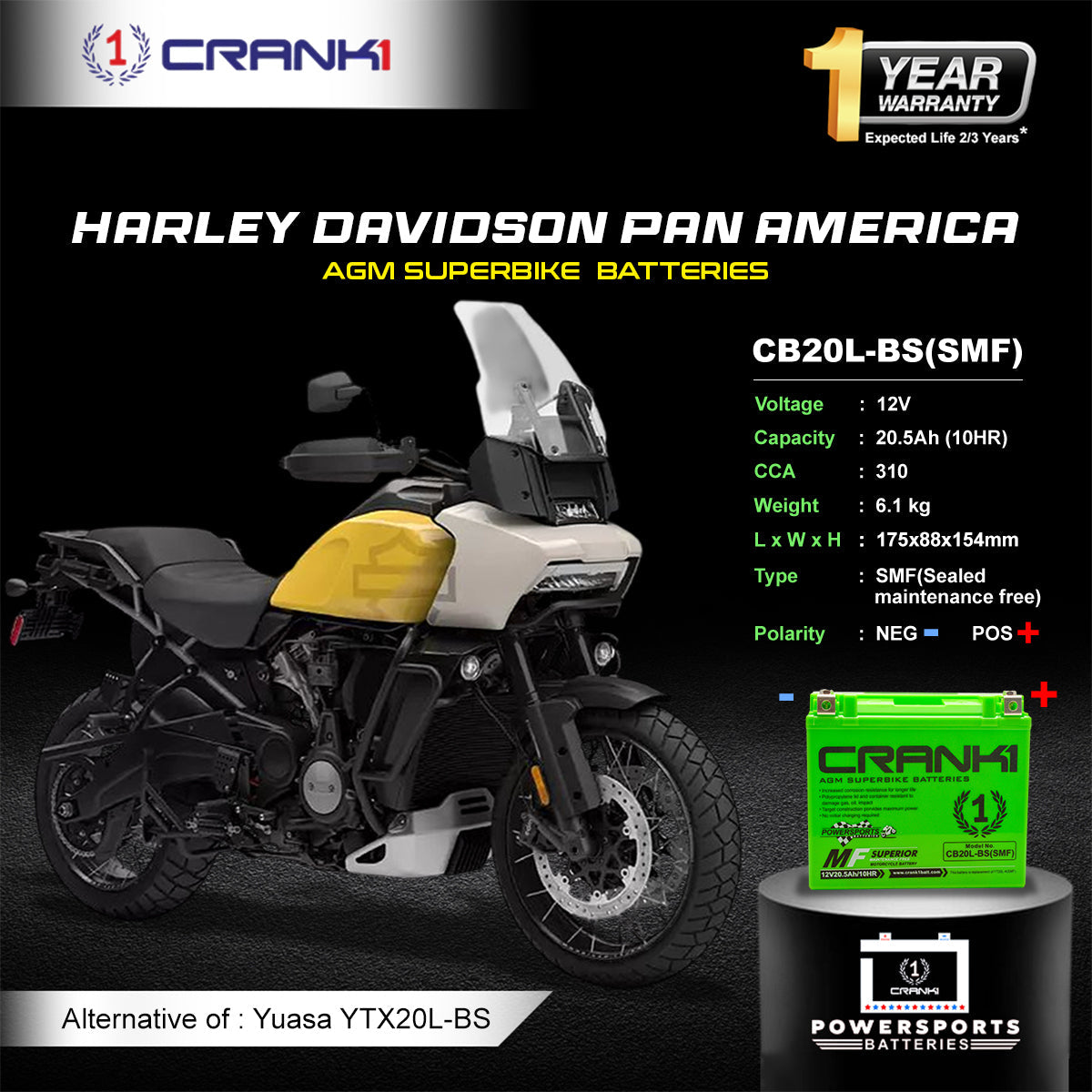 Battery For Harley Davidson Pan America (2020-2025) - CB20L-BS - Factory Activated - CRANK1