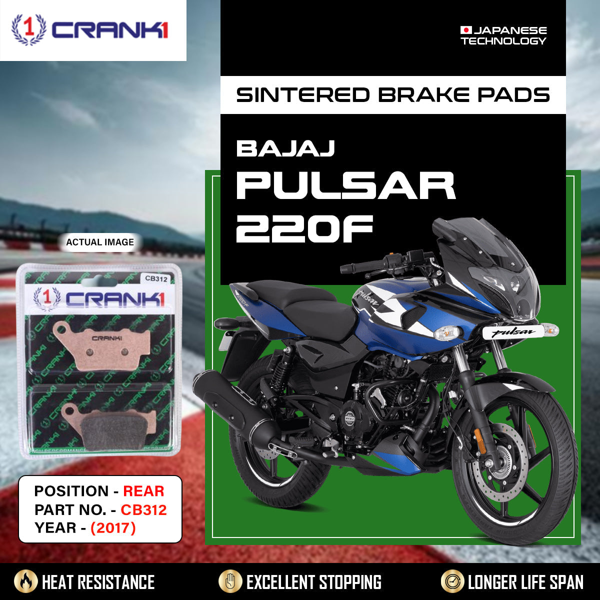 Sintered Brake Pads For Bajaj Pulsar 220F (2017) - Rear - CB312 - 1 Set - CRANK1