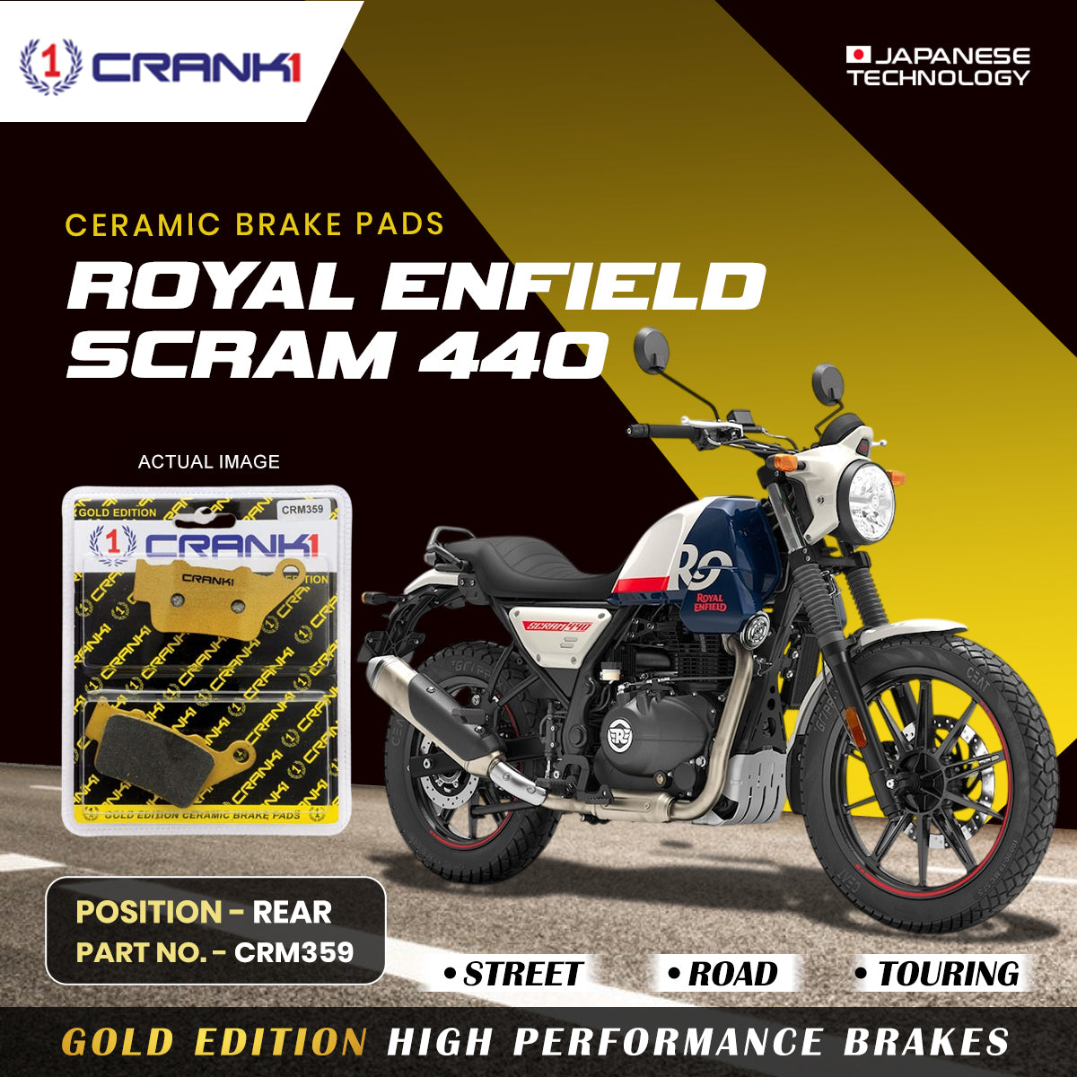 Ceramic Brake Pads For Royal Enfield Scram 440 - Rear - CRM359 - 1 Set - CRANK1