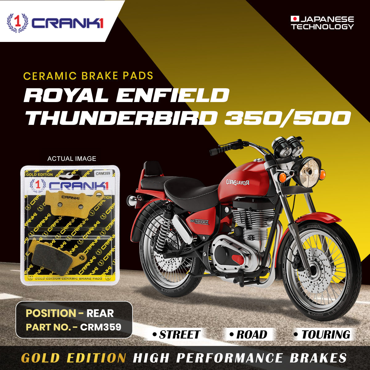 Ceramic Brake Pads For Royal Enfield Thunderbird 350/500 - Rear - CRM359 - 1 Set - CRANK1